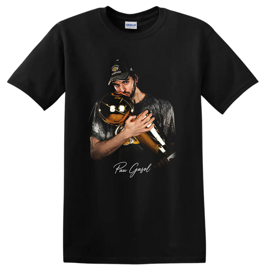 Pau Gasol holding a championship trophy in dramatic Lakers portrait artwork on a Black T Shirt