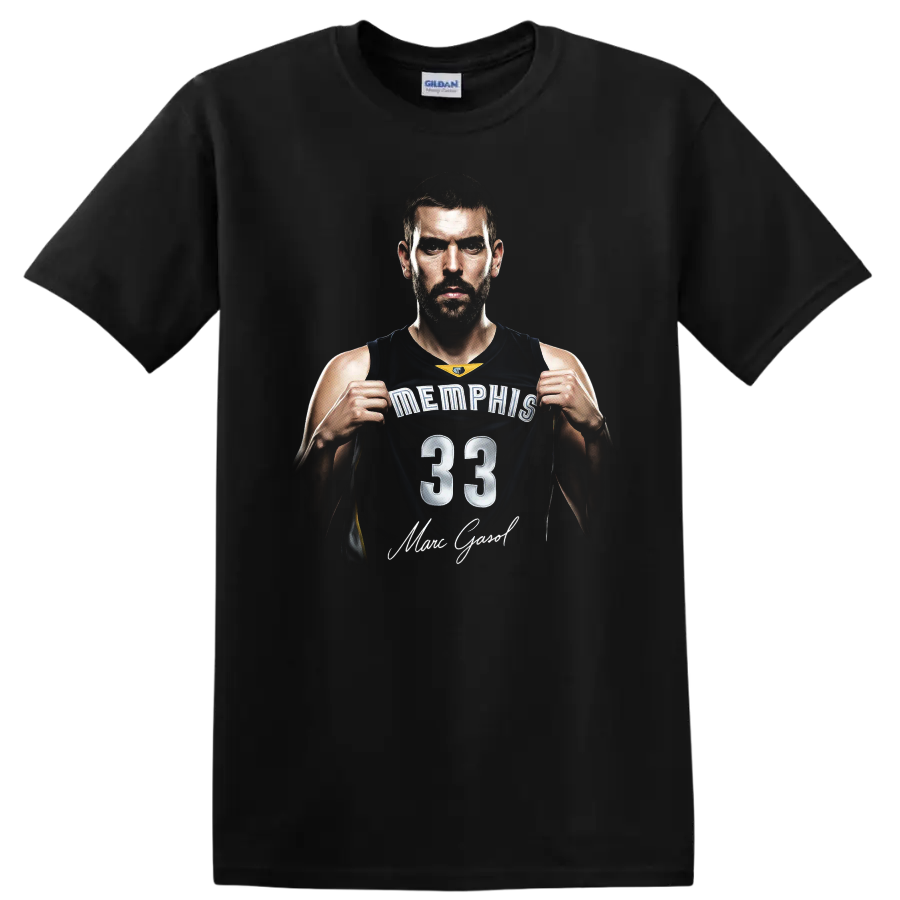 Marc Gasol Memphis Grizzlies number 33 basketball portrait with signature-style text on a Black T Shirt