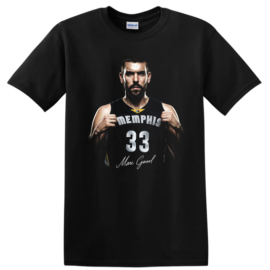 Marc Gasol Memphis Grizzlies number 33 basketball portrait with signature-style text on a Black T Shirt