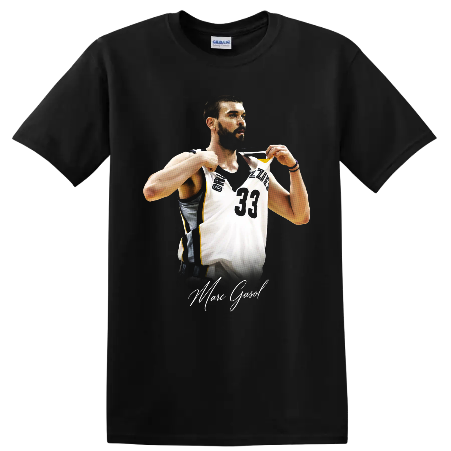Marc Gasol in Memphis Grizzlies number 33 jersey with signature-style lettering on a Black T Shirt