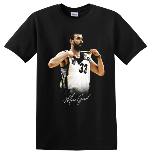 Marc Gasol in Memphis Grizzlies number 33 jersey with signature-style lettering on a Black T Shirt