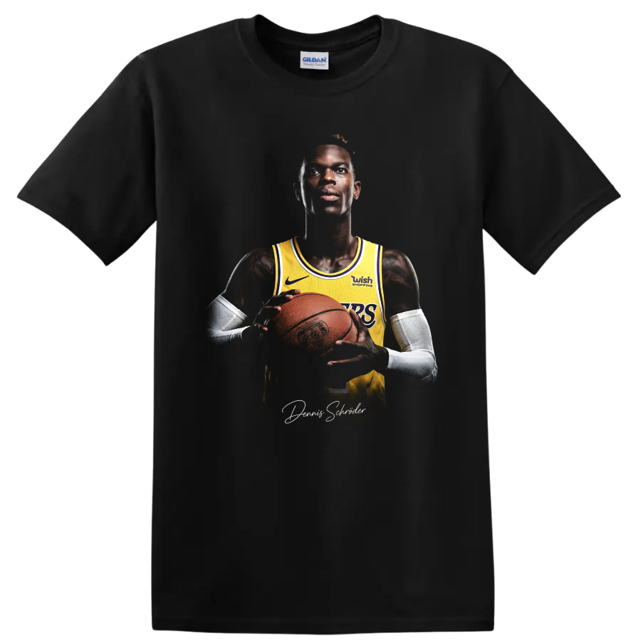 Dennis Schröder Lakers basketball portrait holding a ball with signature-style script on a Black T Shirt