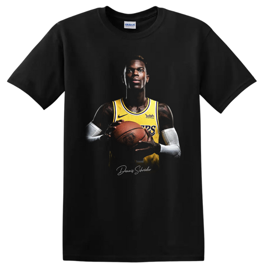 Dennis Schröder Lakers basketball portrait holding a ball with signature-style script on a Black T Shirt