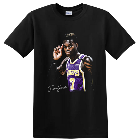Dennis Schröder Lakers number 17 basketball player portrait in purple and gold jersey on a Black T Shirt