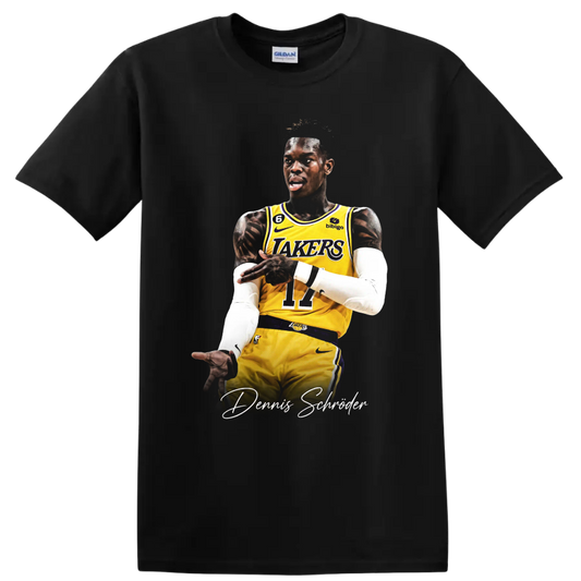 Dennis Schröder Lakers player action portrait with signature-style lettering on a Black T Shirt