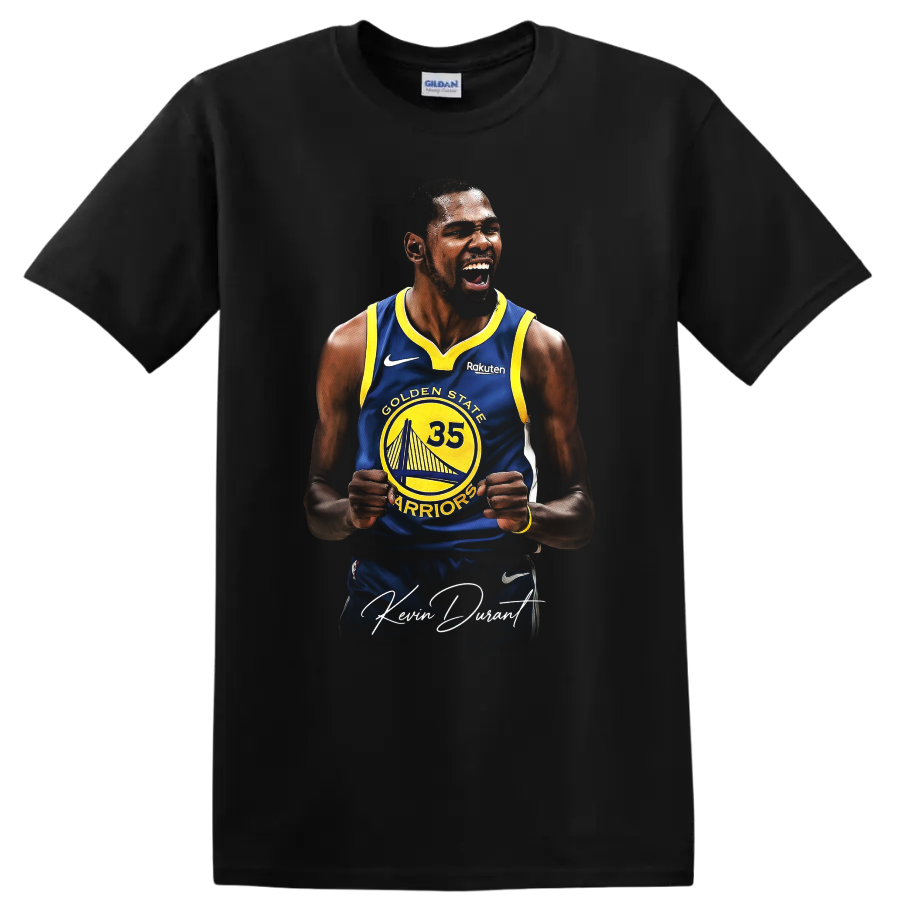 Kevin Durant Golden State Warriors number 35 celebration graphic with signature script on a Black T Shirt