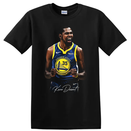 Kevin Durant Golden State Warriors number 35 celebration graphic with signature script on a Black T Shirt