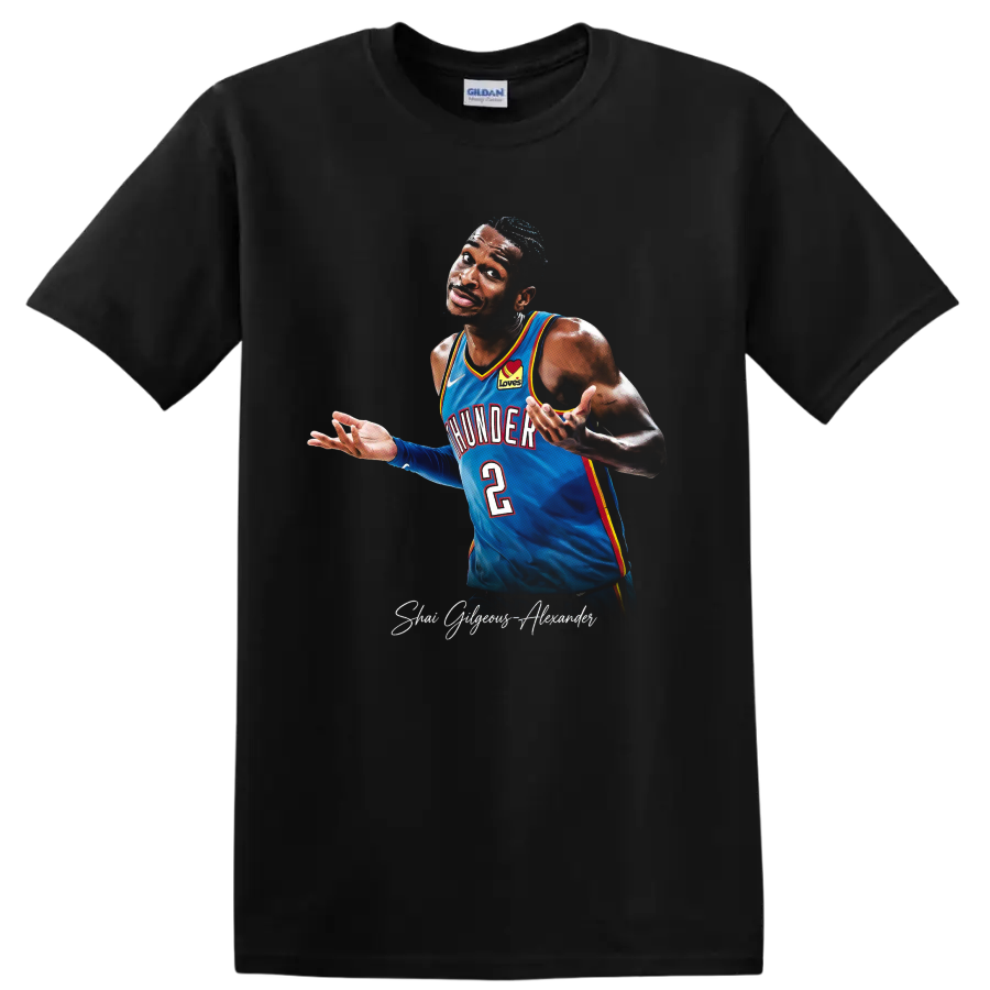 Shai Gilgeous-Alexander Oklahoma City Thunder blue jersey basketball portrait on a Black T Shirt