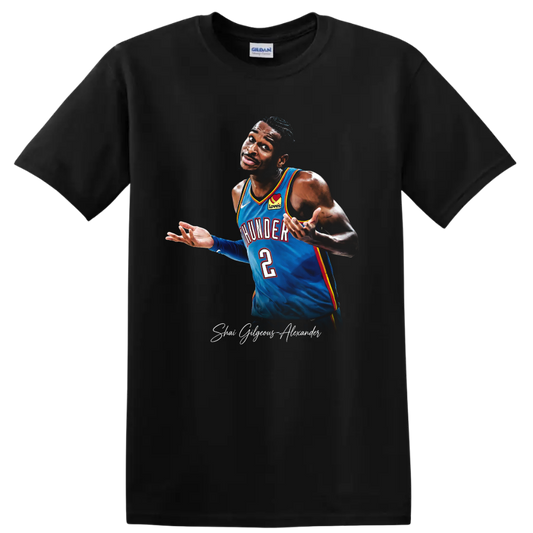 Shai Gilgeous-Alexander Oklahoma City Thunder blue jersey basketball portrait on a Black T Shirt
