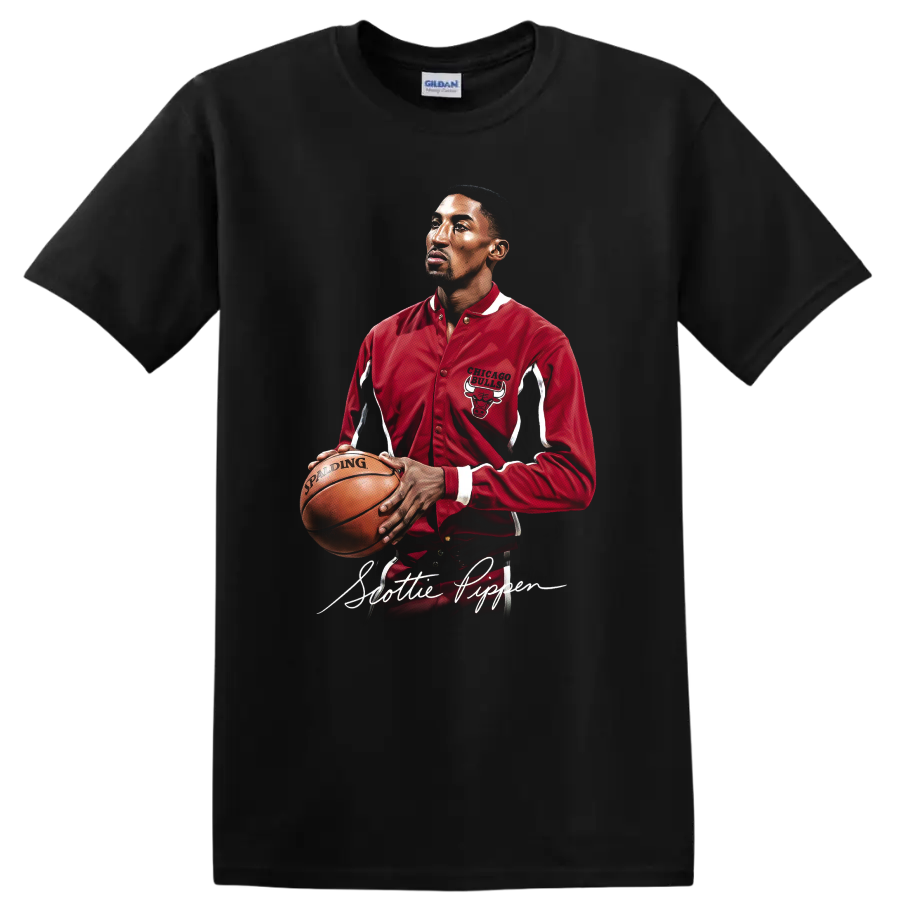 Scottie Pippen Chicago Bulls portrait holding basketball in red jacket with script name on a Black T Shirt