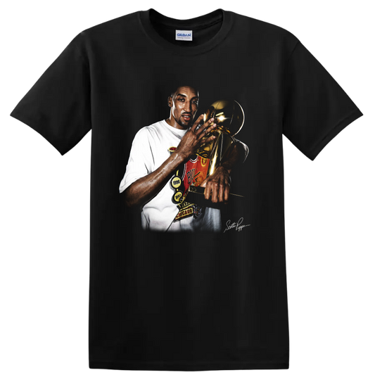 Scottie Pippen holding championship trophy in dramatic Chicago Bulls portrait on a Black T Shirt