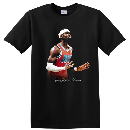 Shai Gilgeous-Alexander basketball portrait in red Thunder jersey with script signature on a Black T Shirt