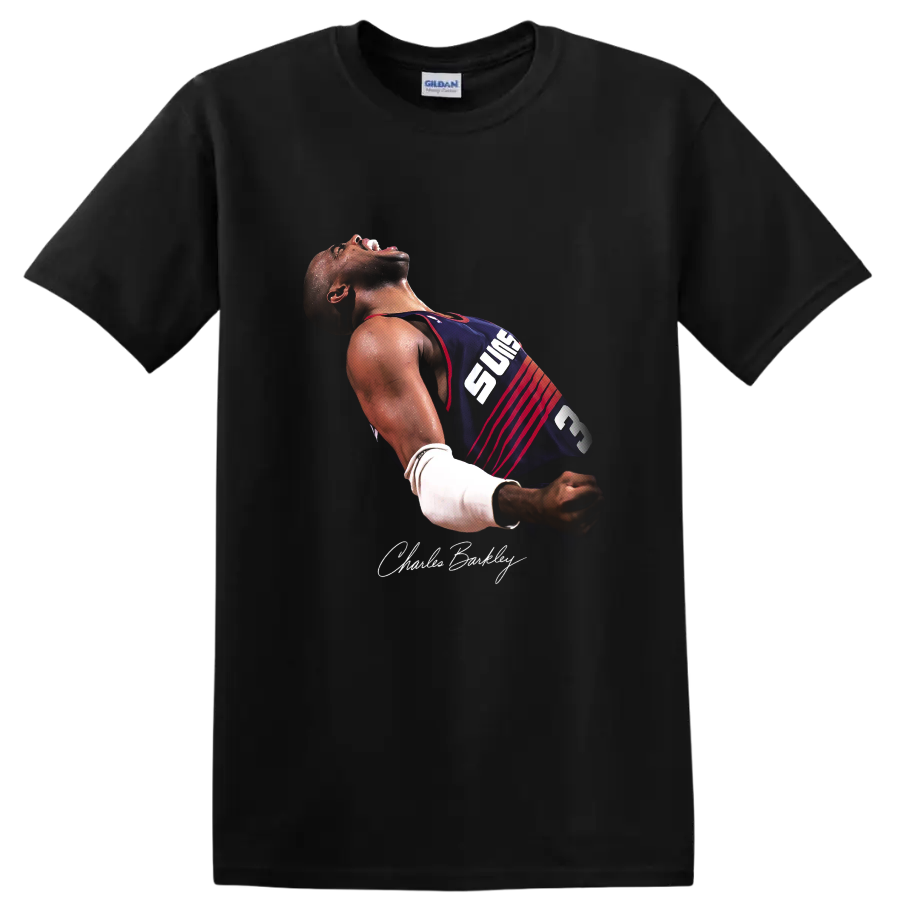Charles Barkley Phoenix Suns number 34 basketball celebration portrait with signature on a Black T Shirt