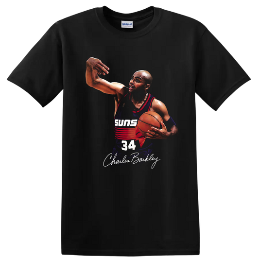 Charles Barkley Phoenix Suns number 34 basketball action illustration with signature on a Black T Shirt