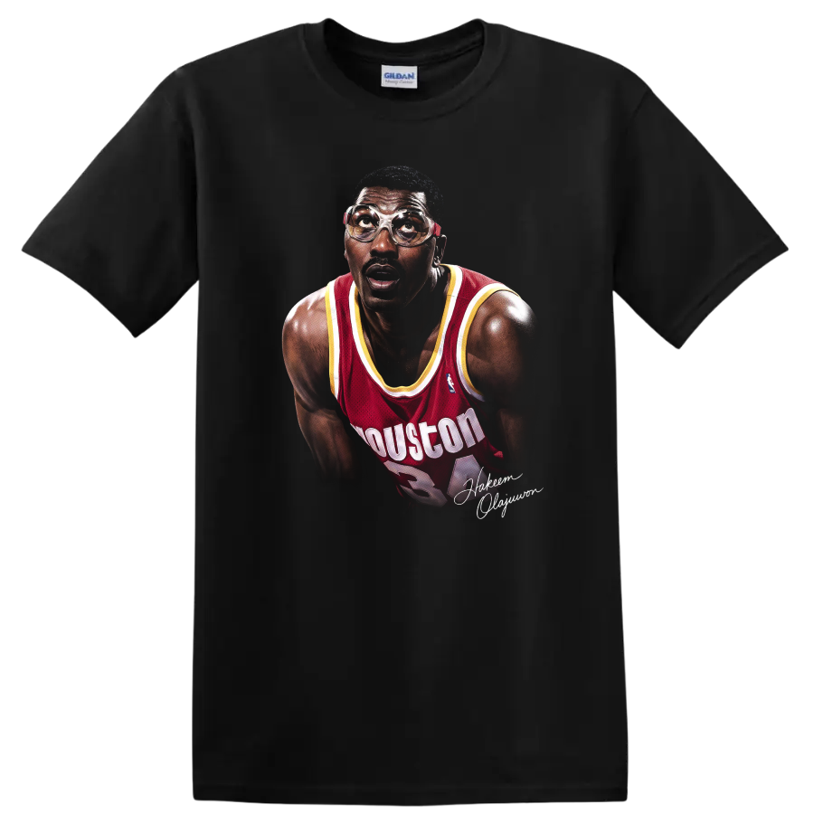 Hakeem Olajuwon Houston Rockets portrait in red jersey and protective goggles on a Black T Shirt