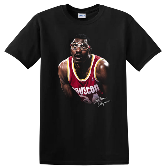 Hakeem Olajuwon Houston Rockets portrait in red jersey and protective goggles on a Black T Shirt
