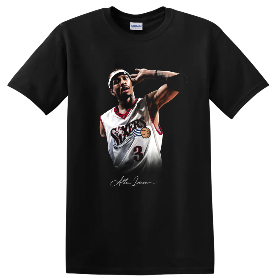 Allen Iverson in Philadelphia 76ers number 3 jersey retro basketball portrait on a Black T Shirt