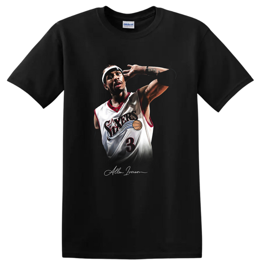 Allen Iverson in Philadelphia 76ers number 3 jersey retro basketball portrait on a Black T Shirt