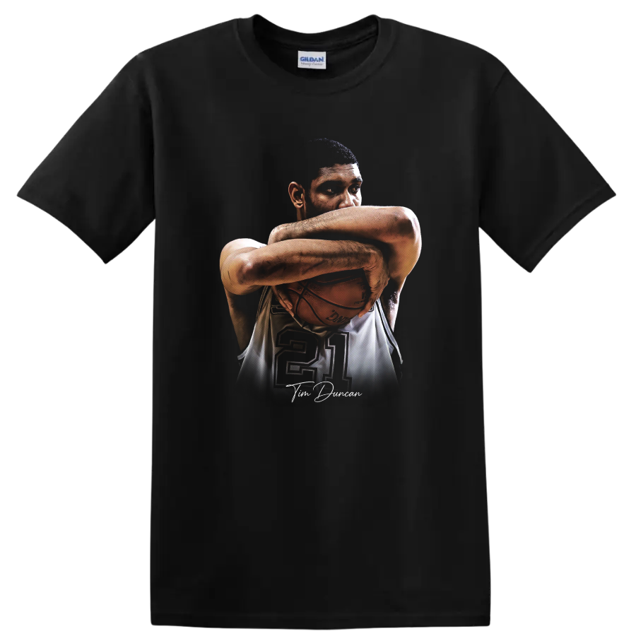 Tim Duncan portrait cradling basketball with number 21 and signature-style script on a Black T Shirt