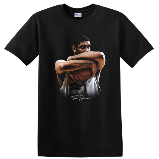 Tim Duncan portrait cradling basketball with number 21 and signature-style script on a Black T Shirt