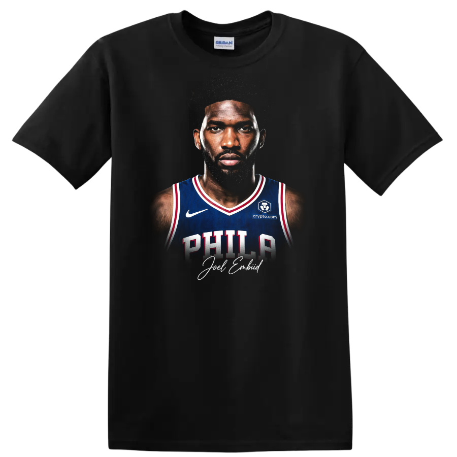 Caleb Martin Philadelphia 76ers basketball portrait with distressed graphic backdrop on a Black T Shirt