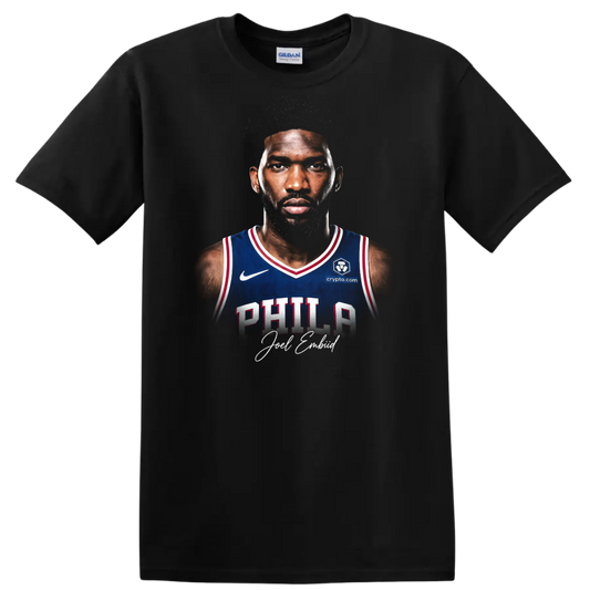 Caleb Martin Philadelphia 76ers basketball portrait with distressed graphic backdrop on a Black T Shirt