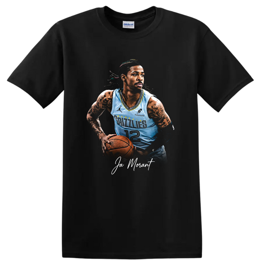 Ja Morant Memphis Grizzlies basketball portrait with number 12 jersey and signature text on a Black T Shirt