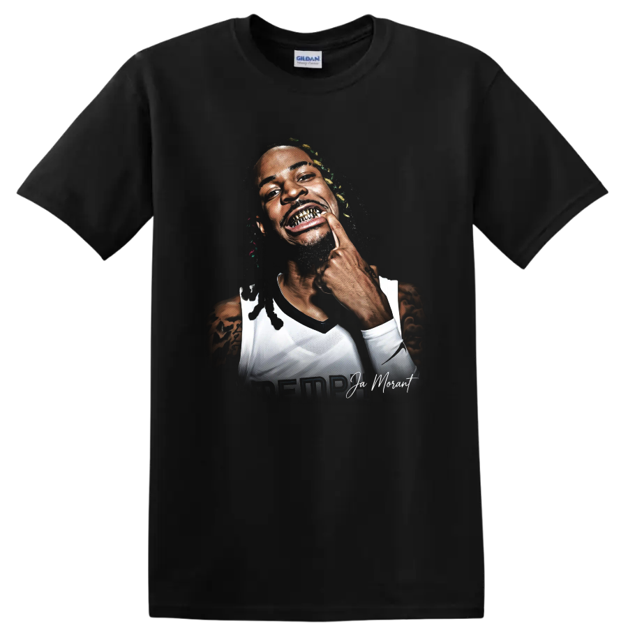 Ja Morant Memphis Grizzlies basketball portrait with gold grill and signature lettering on a Black T Shirt