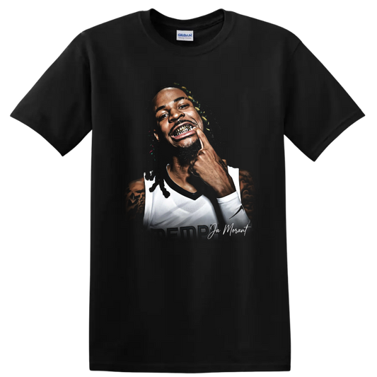 Ja Morant Memphis Grizzlies basketball portrait with gold grill and signature lettering on a Black T Shirt