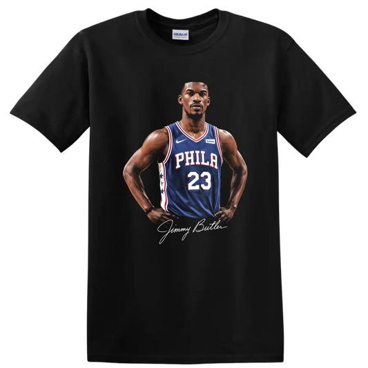 Jimmy Butler portrait in Philadelphia 76ers number 23 jersey with signature on a Black T Shirt