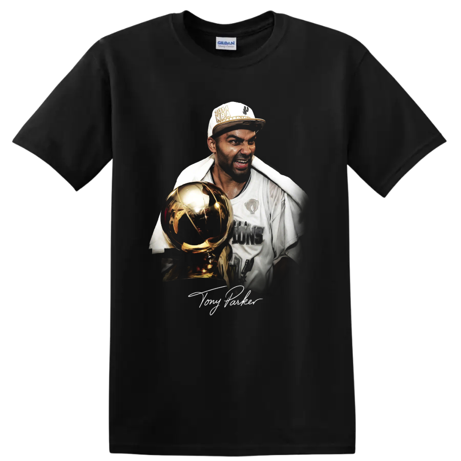Tony Parker championship trophy portrait with 2014 cap and signature on a Black T Shirt