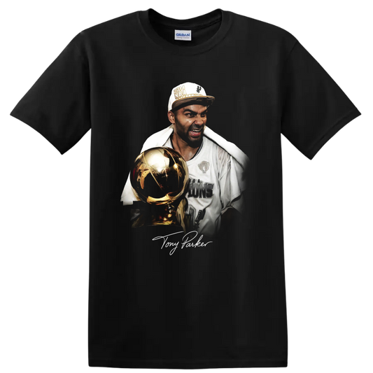 Tony Parker championship trophy portrait with 2014 cap and signature on a Black T Shirt