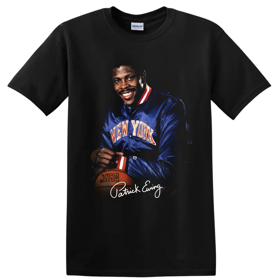 Patrick Ewing New York Knicks vintage portrait with basketball and signature-style text on a Black T Shirt
