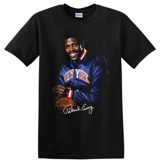 Patrick Ewing New York Knicks vintage portrait with basketball and signature-style text on a Black T Shirt