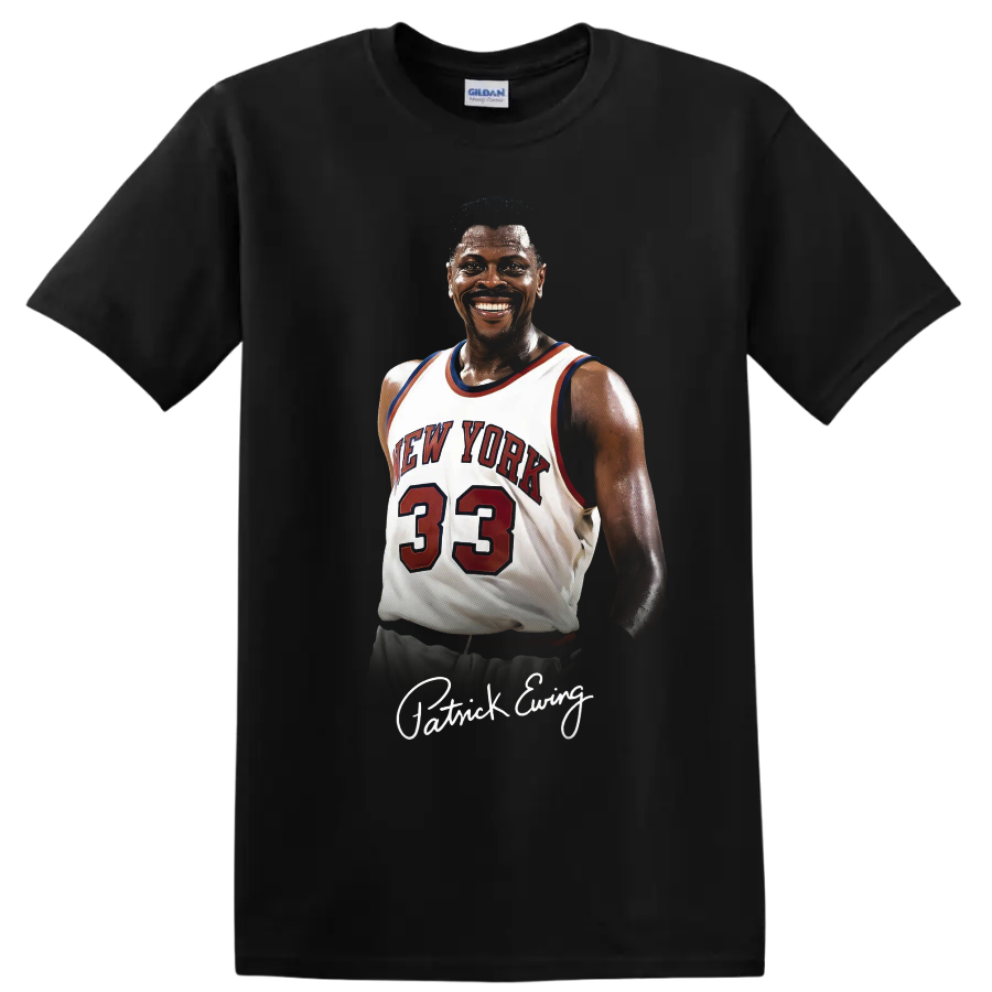 Patrick Ewing New York Knicks number 33 basketball portrait with signature-style name on a Black T Shirt
