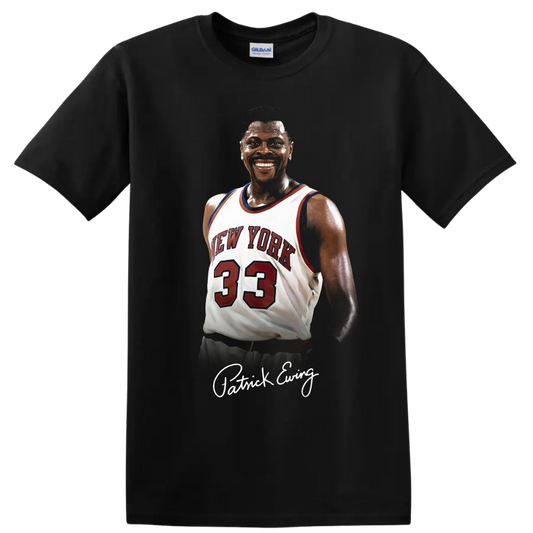 Patrick Ewing New York Knicks number 33 basketball portrait with signature-style name on a Black T Shirt
