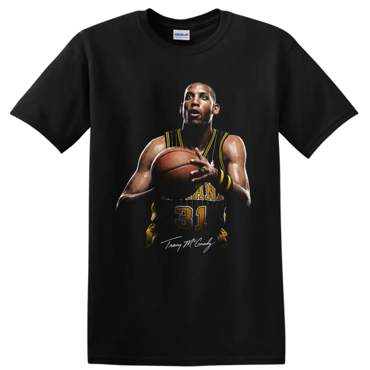 Reggie Miller Indiana Pacers number 31 basketball portrait with signature-style detail on a Black T Shirt