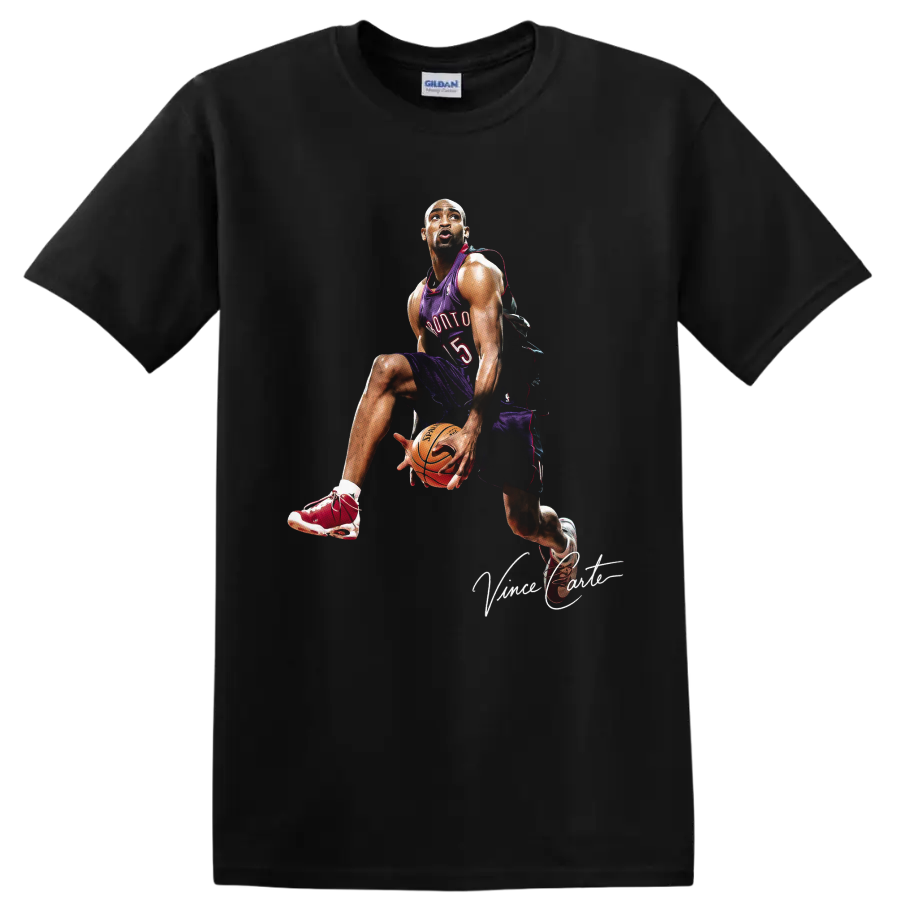 Vince Carter in Toronto Raptors number 15 uniform with basketball and signature graphic on a Black T Shirt