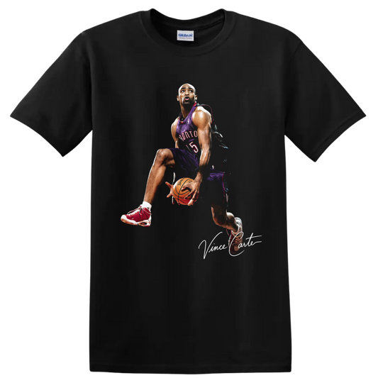 Vince Carter in Toronto Raptors number 15 uniform with basketball and signature graphic on a Black T Shirt