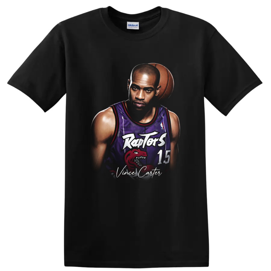 Vince Carter Toronto Raptors basketball portrait with number 15 jersey and signature text on a Black T Shirt