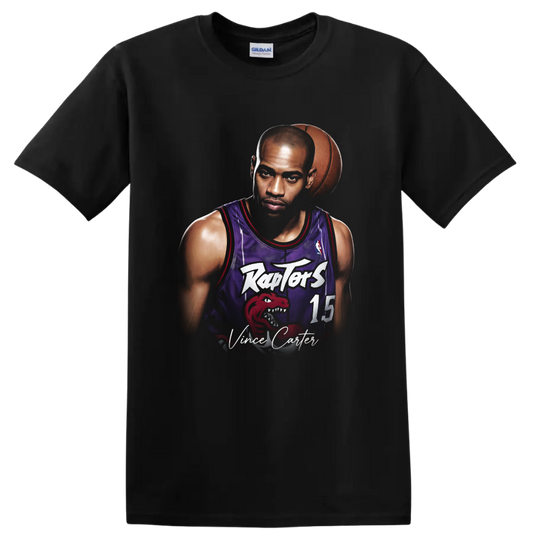 Vince Carter Toronto Raptors basketball portrait with number 15 jersey and signature text on a Black T Shirt
