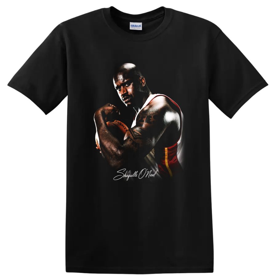 Shaquille O'Neal Miami Heat basketball portrait with a ball and signature-style text on a Black T Shirt
