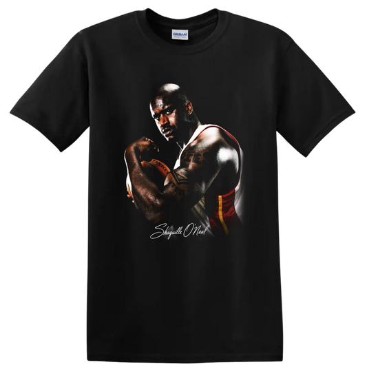 Shaquille O'Neal Miami Heat basketball portrait with a ball and signature-style text on a Black T Shirt