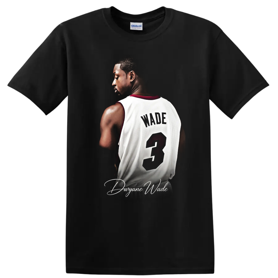 Dwyane Wade Miami Heat number 3 jersey portrait with distressed lettering and signature on a Black T Shirt