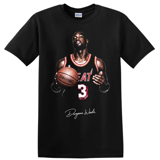 Dwyane Wade Miami Heat number 3 basketball portrait with signature-style graphic on a Black T Shirt