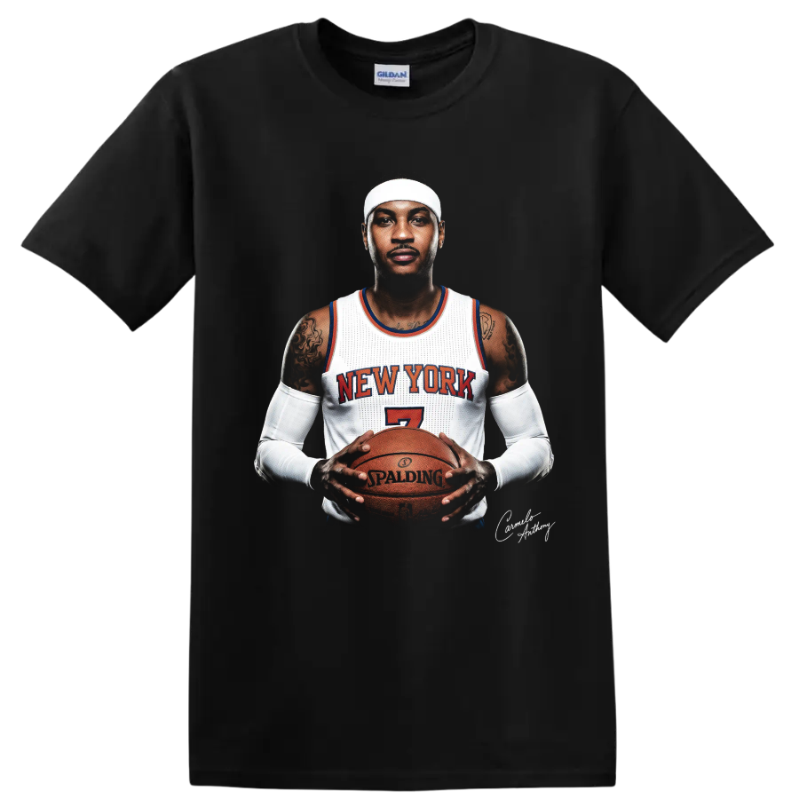 Carmelo Anthony New York number 7 basketball portrait holding a game ball on a Black T Shirt