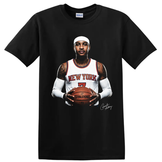 Carmelo Anthony New York number 7 basketball portrait holding a game ball on a Black T Shirt