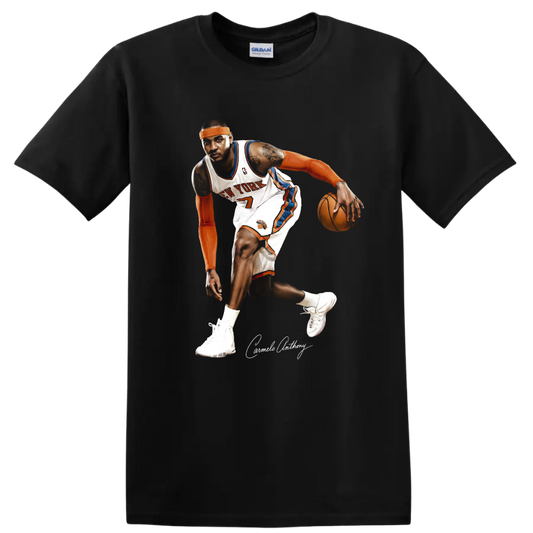 Carmelo Anthony New York Knicks dribbling basketball action illustration with signature on a Black T Shirt