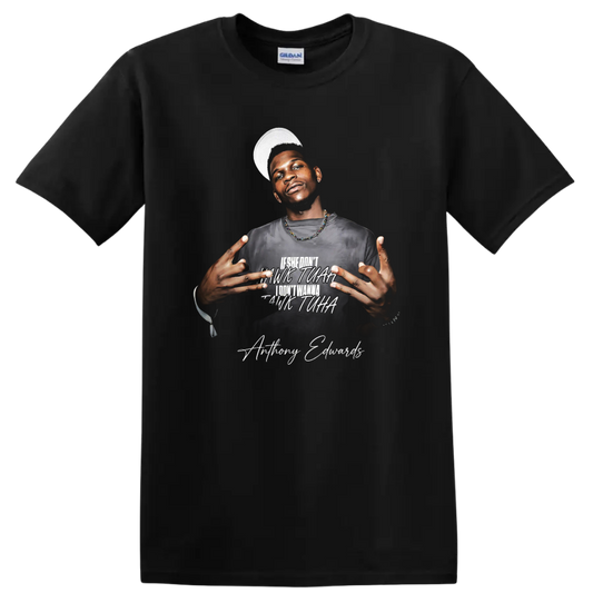 Anthony Edwards Minnesota Timberwolves portrait with layered lettering and on a Black T Shirt