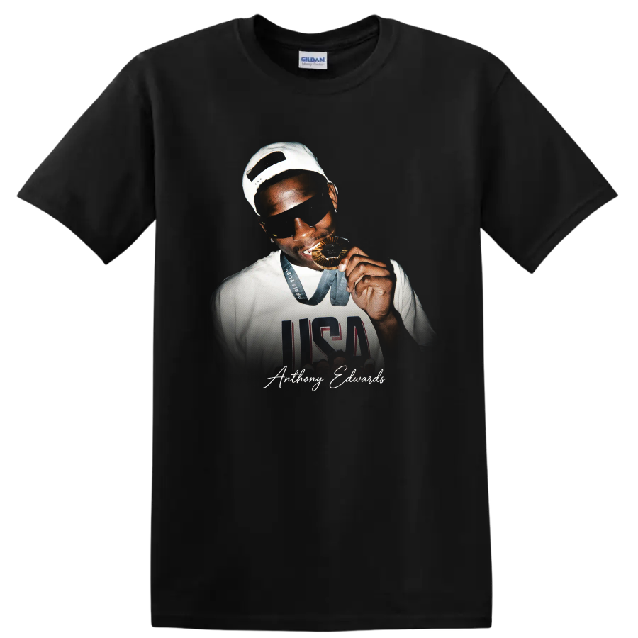 Anthony Edwards Team USA medal portrait with USA jersey graphic and signature on a Black T Shirt